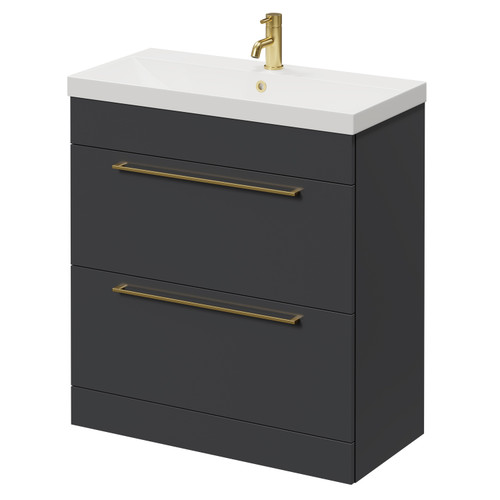 Napoli Gloss Grey 800mm Floor Standing Vanity Unit with 1 Tap Hole Slim Edge Basin and 2 Drawers with Brushed Brass Handles Right Hand View