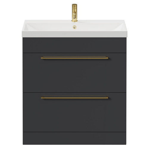 Napoli Gloss Grey 800mm Floor Standing Vanity Unit with 1 Tap Hole Slim Edge Basin and 2 Drawers with Brushed Brass Handles View from Front