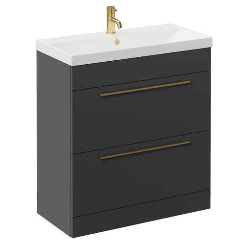 Napoli Gloss Grey 800mm Floor Standing Vanity Unit with 1 Tap Hole Slim Edge Basin and 2 Drawers with Brushed Brass Handles Left Hand View