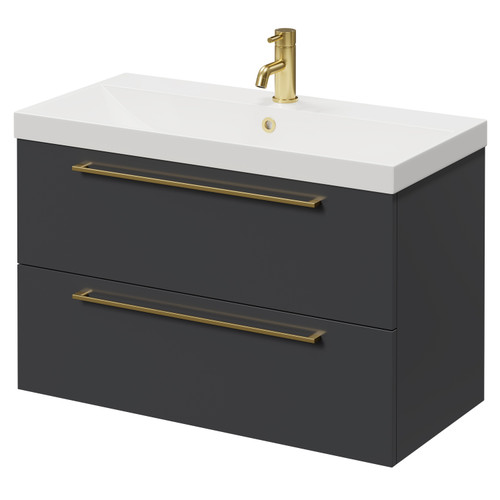 Napoli Gloss Grey 800mm Wall Mounted Vanity Unit with 1 Tap Hole Slim Edge Basin and 2 Drawers with Brushed Brass Handles Right Hand View