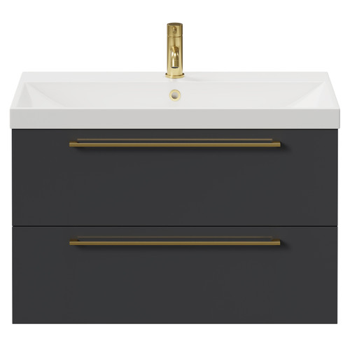 Napoli Gloss Grey 800mm Wall Mounted Vanity Unit with 1 Tap Hole Slim Edge Basin and 2 Drawers with Brushed Brass Handles View from Front