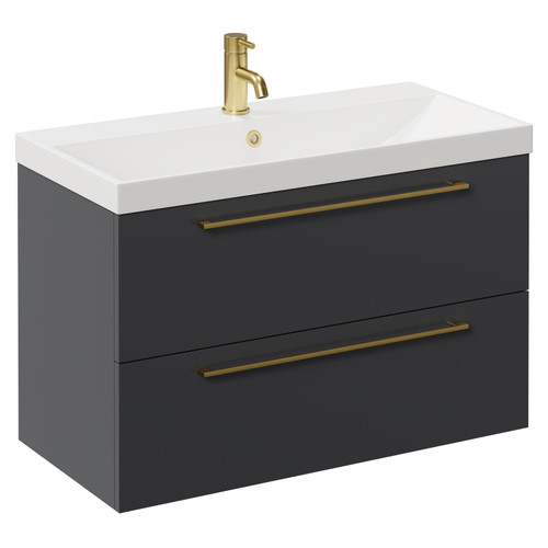 Napoli Gloss Grey 800mm Wall Mounted Vanity Unit with 1 Tap Hole Slim Edge Basin and 2 Drawers with Brushed Brass Handles Left Hand View