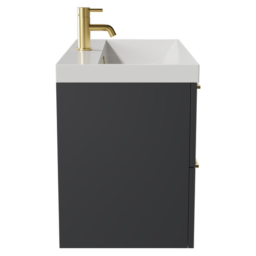 Napoli Gloss Grey 800mm Wall Mounted Vanity Unit with 1 Tap Hole Slim Edge Basin and 2 Drawers with Brushed Brass Handles View from Side