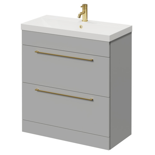 Napoli Gloss Grey Pearl 800mm Floor Standing Vanity Unit with 1 Tap Hole Slim Edge Basin and 2 Drawers with Brushed Brass Handles Right Hand View