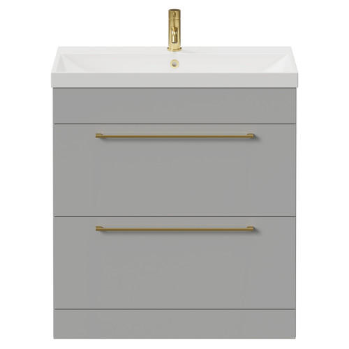 Napoli Gloss Grey Pearl 800mm Floor Standing Vanity Unit with 1 Tap Hole Slim Edge Basin and 2 Drawers with Brushed Brass Handles View from Front