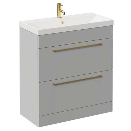 Napoli Gloss Grey Pearl 800mm Floor Standing Vanity Unit with 1 Tap Hole Slim Edge Basin and 2 Drawers with Brushed Brass Handles Left Hand View