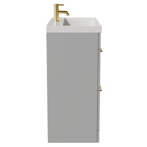 Napoli Gloss Grey Pearl 800mm Floor Standing Vanity Unit with 1 Tap Hole Slim Edge Basin and 2 Drawers with Brushed Brass Handles View from Side