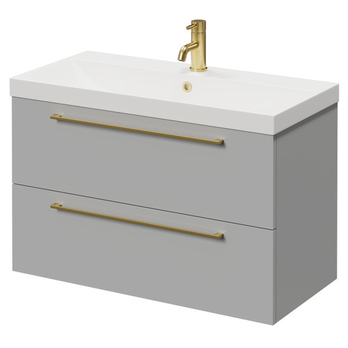 Napoli Gloss Grey Pearl 800mm Wall Mounted Vanity Unit with 1 Tap Hole Slim Edge Basin and 2 Drawers with Brushed Brass Handles Right Hand View