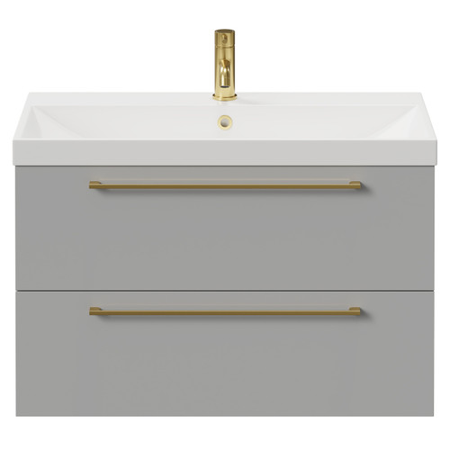 Napoli Gloss Grey Pearl 800mm Wall Mounted Vanity Unit with 1 Tap Hole Slim Edge Basin and 2 Drawers with Brushed Brass Handles View from Front