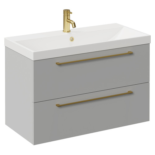Napoli Gloss Grey Pearl 800mm Wall Mounted Vanity Unit with 1 Tap Hole Slim Edge Basin and 2 Drawers with Brushed Brass Handles Left Hand View
