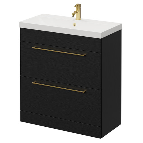 Napoli Nero Oak 800mm Floor Standing Vanity Unit with 1 Tap Hole Slim Edge Basin and 2 Drawers with Brushed Brass Handles Right Hand View