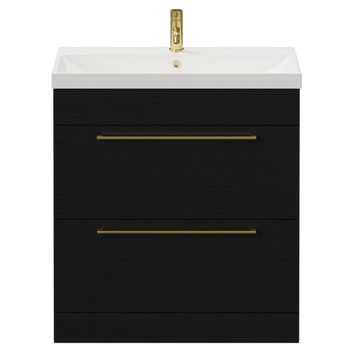 Napoli Nero Oak 800mm Floor Standing Vanity Unit with 1 Tap Hole Slim Edge Basin and 2 Drawers with Brushed Brass Handles View from Front