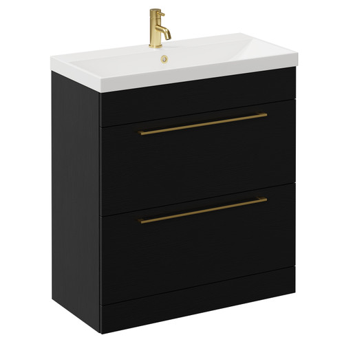 Napoli Nero Oak 800mm Floor Standing Vanity Unit with 1 Tap Hole Slim Edge Basin and 2 Drawers with Brushed Brass Handles Left Hand View