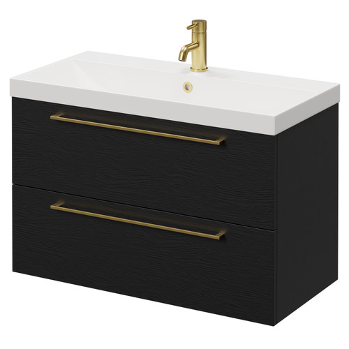 Napoli Nero Oak 800mm Wall Mounted Vanity Unit with 1 Tap Hole Slim Edge Basin and 2 Drawers with Brushed Brass Handles Right Hand View