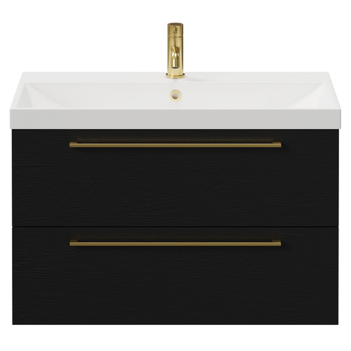 Napoli Nero Oak 800mm Wall Mounted Vanity Unit with 1 Tap Hole Slim Edge Basin and 2 Drawers with Brushed Brass Handles View from Front