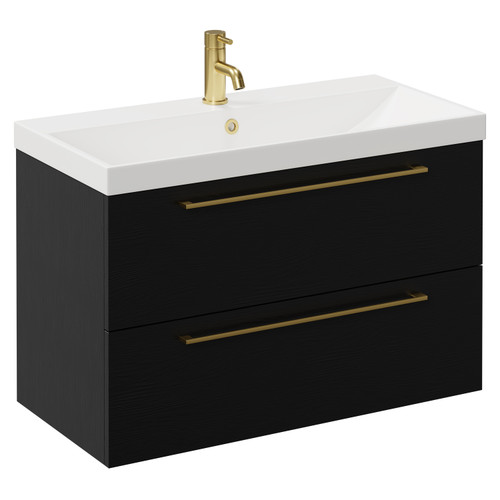 Napoli Nero Oak 800mm Wall Mounted Vanity Unit with 1 Tap Hole Slim Edge Basin and 2 Drawers with Brushed Brass Handles Left Hand View