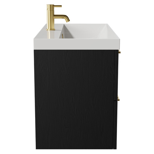 Napoli Nero Oak 800mm Wall Mounted Vanity Unit with 1 Tap Hole Slim Edge Basin and 2 Drawers with Brushed Brass Handles View from Side