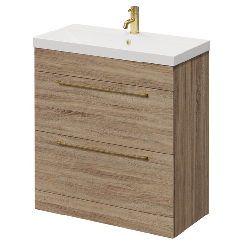Napoli Bordalino Oak 800mm Floor Standing Vanity Unit with 1 Tap Hole Slim Edge Basin and 2 Drawers with Brushed Brass Handles Right Hand View