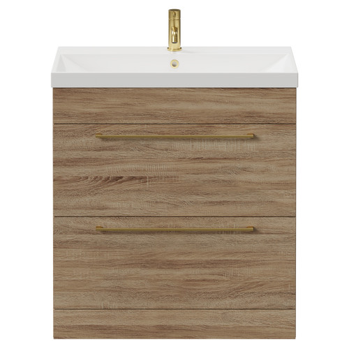 Napoli Bordalino Oak 800mm Floor Standing Vanity Unit with 1 Tap Hole Slim Edge Basin and 2 Drawers with Brushed Brass Handles View from Front
