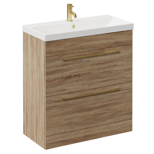 Napoli Bordalino Oak 800mm Floor Standing Vanity Unit with 1 Tap Hole Slim Edge Basin and 2 Drawers with Brushed Brass Handles Left Hand View