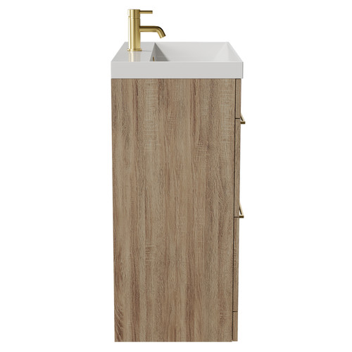 Napoli Bordalino Oak 800mm Floor Standing Vanity Unit with 1 Tap Hole Slim Edge Basin and 2 Drawers with Brushed Brass Handles View from Side