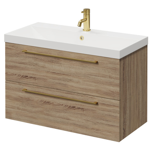 Napoli Bordalino Oak 800mm Wall Mounted Vanity Unit with 1 Tap Hole Slim Edge Basin and 2 Drawers with Brushed Brass Handles Right Hand View