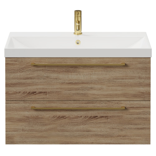 Napoli Bordalino Oak 800mm Wall Mounted Vanity Unit with 1 Tap Hole Slim Edge Basin and 2 Drawers with Brushed Brass Handles View from Front