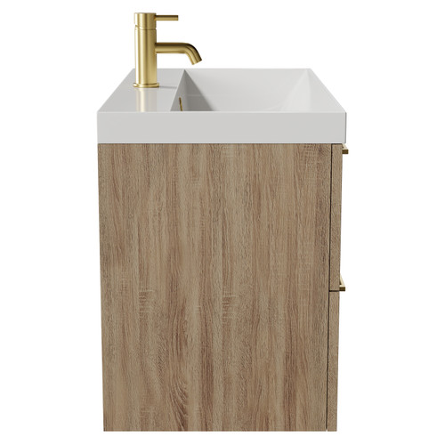 Napoli Bordalino Oak 800mm Wall Mounted Vanity Unit with 1 Tap Hole Slim Edge Basin and 2 Drawers with Brushed Brass Handles View from Side