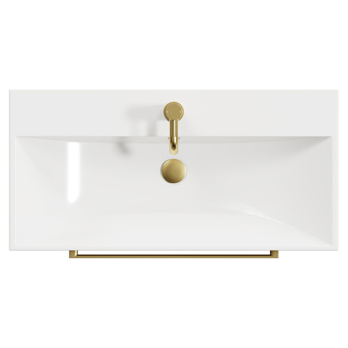 Napoli Bordalino Oak 800mm Wall Mounted Vanity Unit with 1 Tap Hole Slim Edge Basin and 2 Drawers with Brushed Brass Handles View from Top
