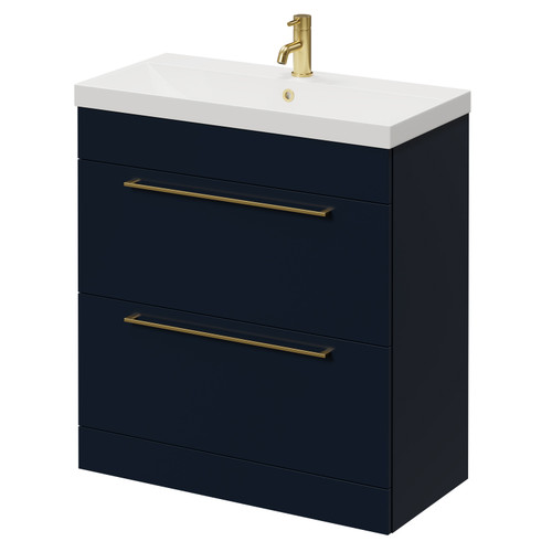 Napoli Deep Blue 800mm Floor Standing Vanity Unit with 1 Tap Hole Slim Edge Basin and 2 Drawers with Brushed Brass Handles Right Hand View