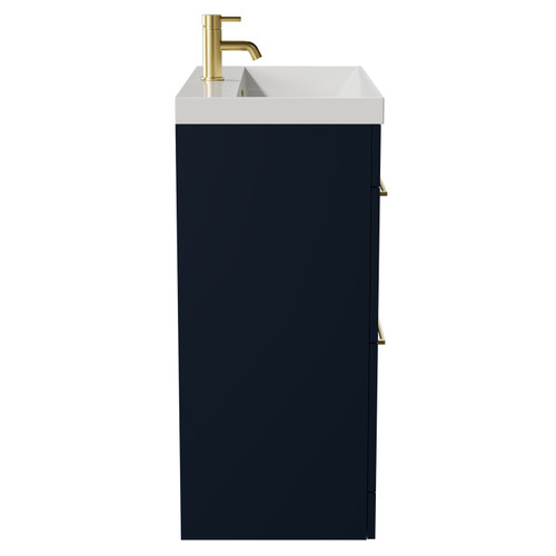Napoli Deep Blue 800mm Floor Standing Vanity Unit with 1 Tap Hole Slim Edge Basin and 2 Drawers with Brushed Brass Handles View from Side