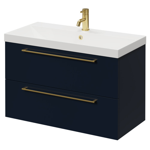 Napoli Deep Blue 800mm Wall Mounted Vanity Unit with 1 Tap Hole Slim Edge Basin and 2 Drawers with Brushed Brass Handles Right Hand View