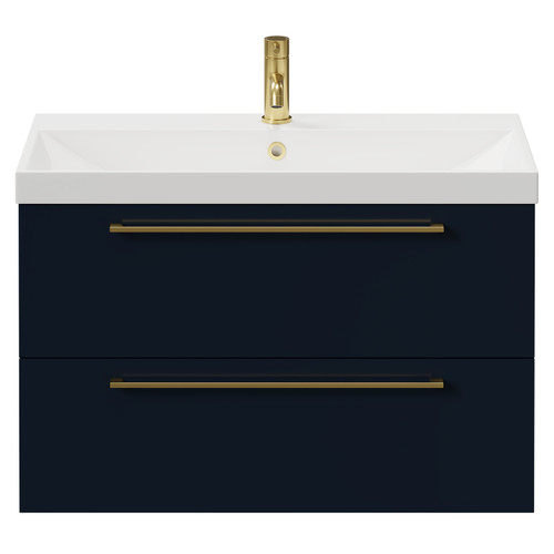 Napoli Deep Blue 800mm Wall Mounted Vanity Unit with 1 Tap Hole Slim Edge Basin and 2 Drawers with Brushed Brass Handles View from Front