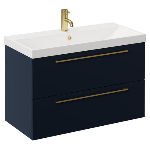 Napoli Deep Blue 800mm Wall Mounted Vanity Unit with 1 Tap Hole Slim Edge Basin and 2 Drawers with Brushed Brass Handles Left Hand View