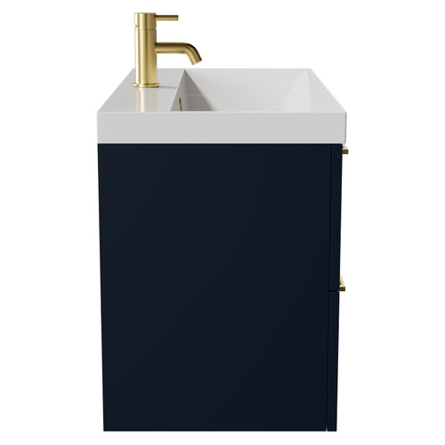 Napoli Deep Blue 800mm Wall Mounted Vanity Unit with 1 Tap Hole Slim Edge Basin and 2 Drawers with Brushed Brass Handles View from Side