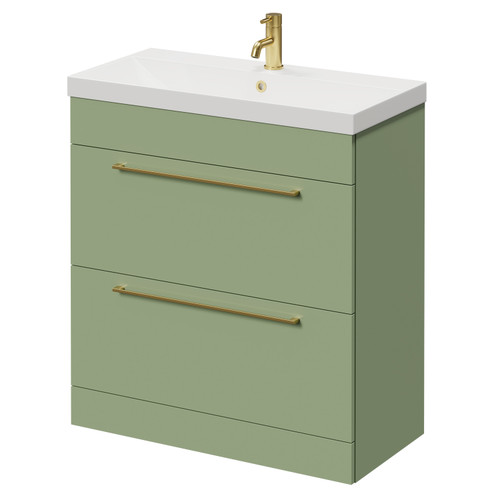 Napoli Olive Green 800mm Floor Standing Vanity Unit with 1 Tap Hole Slim Edge Basin and 2 Drawers with Brushed Brass Handles Right Hand View