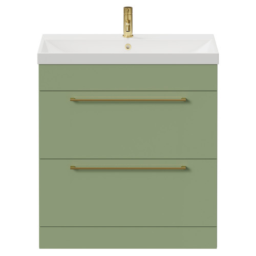 Napoli Olive Green 800mm Floor Standing Vanity Unit with 1 Tap Hole Slim Edge Basin and 2 Drawers with Brushed Brass Handles View from Front
