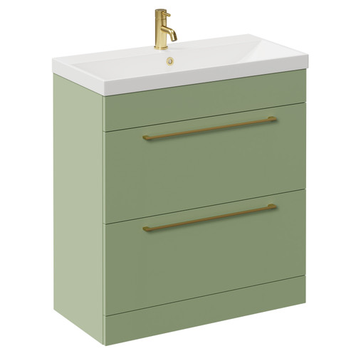 Napoli Olive Green 800mm Floor Standing Vanity Unit with 1 Tap Hole Slim Edge Basin and 2 Drawers with Brushed Brass Handles Left Hand View