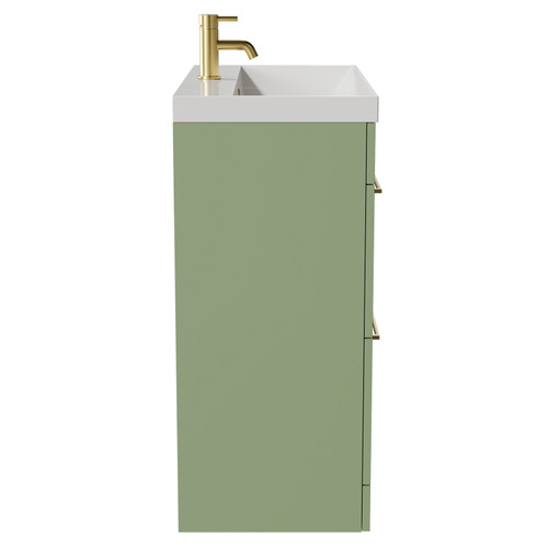 Napoli Olive Green 800mm Floor Standing Vanity Unit with 1 Tap Hole Slim Edge Basin and 2 Drawers with Brushed Brass Handles View from Side