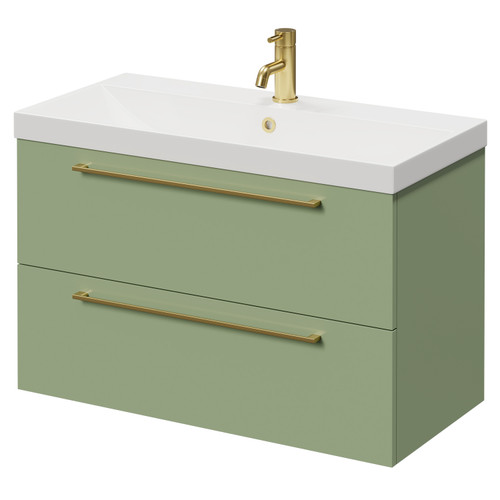Napoli Olive Green 800mm Wall Mounted Vanity Unit with 1 Tap Hole Slim Edge Basin and 2 Drawers with Brushed Brass Handles Right Hand View