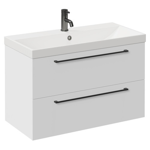 Napoli Gloss White 800mm Wall Mounted Vanity Unit with 1 Tap Hole Slim Edge Basin and 2 Drawers with Gunmetal Grey Handles Left Hand View