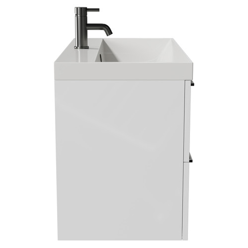 Napoli Gloss White 800mm Wall Mounted Vanity Unit with 1 Tap Hole Slim Edge Basin and 2 Drawers with Gunmetal Grey Handles View from Side