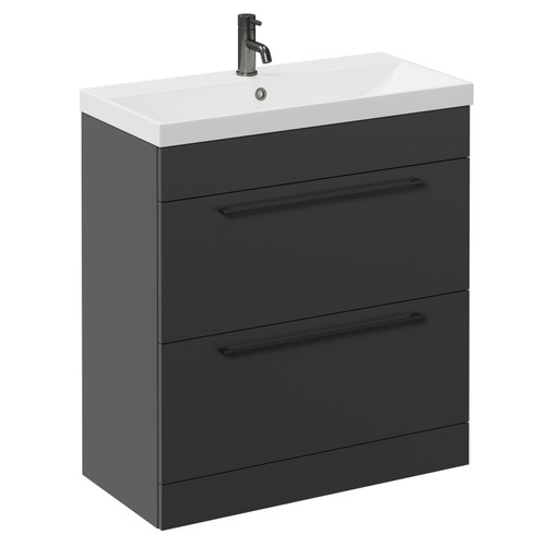 Napoli Gloss Grey 800mm Floor Standing Vanity Unit with 1 Tap Hole Slim Edge Basin and 2 Drawers with Gunmetal Grey Handles Left Hand View