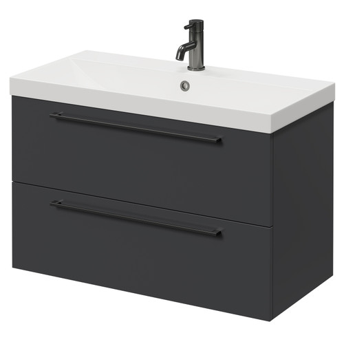 Napoli Gloss Grey 800mm Wall Mounted Vanity Unit with 1 Tap Hole Slim Edge Basin and 2 Drawers with Gunmetal Grey Handles Right Hand View