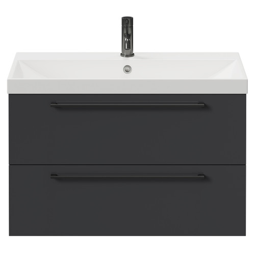 Napoli Gloss Grey 800mm Wall Mounted Vanity Unit with 1 Tap Hole Slim Edge Basin and 2 Drawers with Gunmetal Grey Handles View from Front