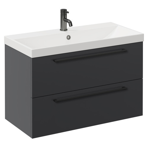 Napoli Gloss Grey 800mm Wall Mounted Vanity Unit with 1 Tap Hole Slim Edge Basin and 2 Drawers with Gunmetal Grey Handles Left Hand View