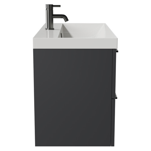 Napoli Gloss Grey 800mm Wall Mounted Vanity Unit with 1 Tap Hole Slim Edge Basin and 2 Drawers with Gunmetal Grey Handles View from Side