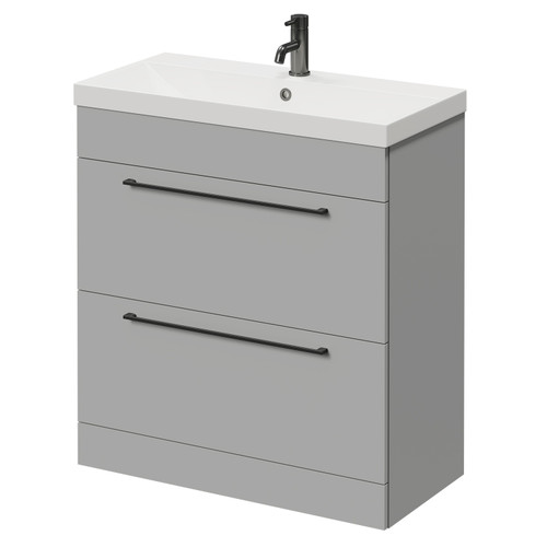 Napoli Gloss Grey Pearl 800mm Floor Standing Vanity Unit with 1 Tap Hole Slim Edge Basin and 2 Drawers with Gunmetal Grey Handles Right Hand View