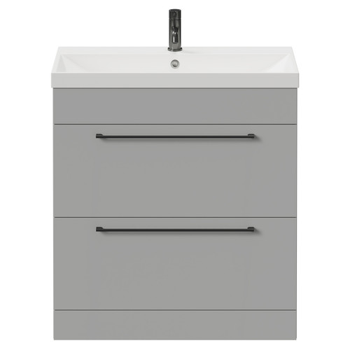 Napoli Gloss Grey Pearl 800mm Floor Standing Vanity Unit with 1 Tap Hole Slim Edge Basin and 2 Drawers with Gunmetal Grey Handles View from Front