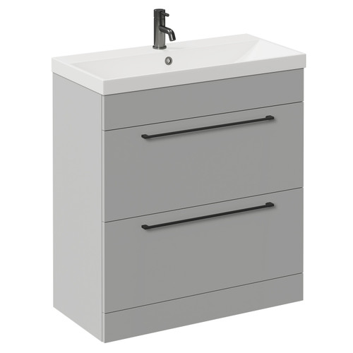 Napoli Gloss Grey Pearl 800mm Floor Standing Vanity Unit with 1 Tap Hole Slim Edge Basin and 2 Drawers with Gunmetal Grey Handles Left Hand View